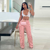 Aiertu dress to impress outfits Women's Tooling Pu Imitation Leather Pocket High Waist Loose Straight Casual Trousers aiertu