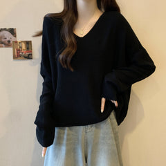 Aiertu duo costumes Plus Size V-neck Sweater Women's Autumn and Winter Lazy Style Chubby Girl Loose Slimming Batwing Sleeve Pullover Sweater aiertu