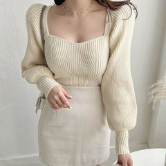 Aiertu business casual outfits Bottoming Shirt Lantern Sleeve Short Pullover Sweater Top Women's Style Autumn and Winter French Niche Square Collar Sweater Women aiertu