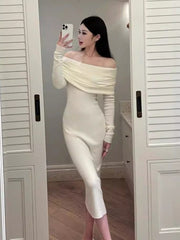 Aiertu long sweater dress outfit Gentle Style White Soft Glutinous off-Shoulder Sweater Dress Autumn and Winter Elegant Slim-Fit off-Shoulder Bottoming Knitted Dress aiertu