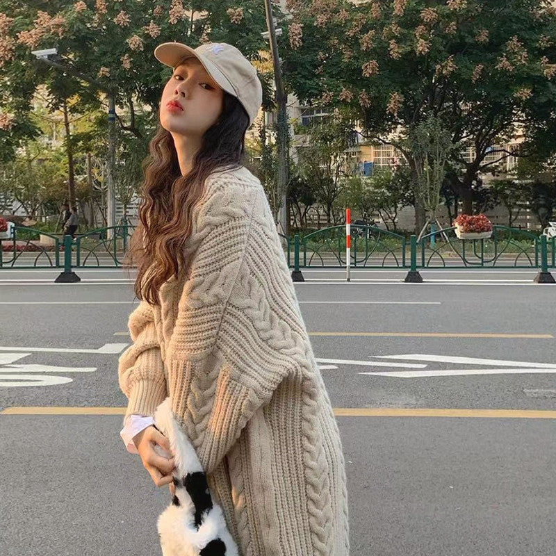 Aiertu datenight fall outfits Retro Lazy Style Twist Sweater Coat for Women Autumn and Winter Loose Thickened Knitted Cardigan Top aiertu