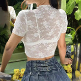 Aiertu dress to impress outfits Elegant Short-Sleeved Lace Dam Flower and Wood Ear Short T-shirt Slimming Top Women's Clothing aiertu
