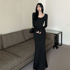 Aiertu fashion outfits Fall Hot Girl Elegant Long Sleeve Dress Women's Brown Bottoming Dress Slim Fishtail Solid Color Skirt aiertu