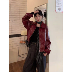 Aiertu guys clothing styles American Retro Angora Red Leather Coat Women's Autumn and Winter High Street Style Loose Meat Covering Leather Jacket Top aiertu