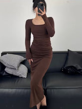 Aiertu fashion outfits Autumn and Winter Korean Style Square Collar Long Sleeve Solid Color Mid-Length Dress High Waist Slimming Hip Skirt aiertu