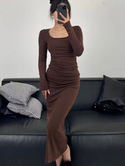 Aiertu fashion outfits Autumn and Winter Korean Style Square Collar Long Sleeve Solid Color Mid-Length Dress High Waist Slimming Hip Skirt aiertu