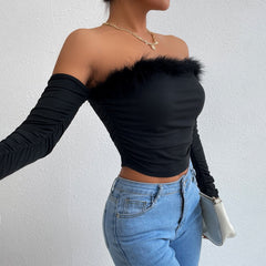Aiertu leapord halloween outfit Women's Summer Retro Fur Collar Tube Top Long-Sleeved Top off-the-Neck Backless off-Shoulder Top aiertu