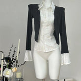 Aiertu y2k outfits Fake Two-Piece Top Dark Gray Knitwear Stitching Elegant Slim Flared Sleeve Shirt aiertu