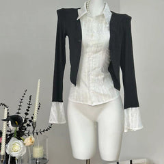 Aiertu y2k outfits Fake Two-Piece Top Dark Gray Knitwear Stitching Elegant Slim Flared Sleeve Shirt aiertu