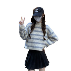 Aiertu joker costume female outfit Sweet Striped Milk Short Sweater Women's Clothing Autumn and Winter Lazy Gentle Wind Wear Top Small aiertu