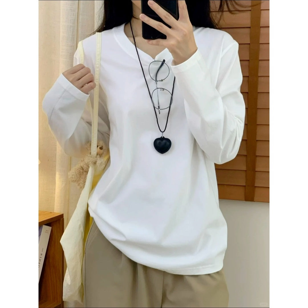 Aiertu black sweater dress outfit Basic Pure Cotton T-shirt Men's and Women's White Bottoming Shirt Autumn Simple Casual Shoulder Long Sleeve Top Inner Wear aiertu