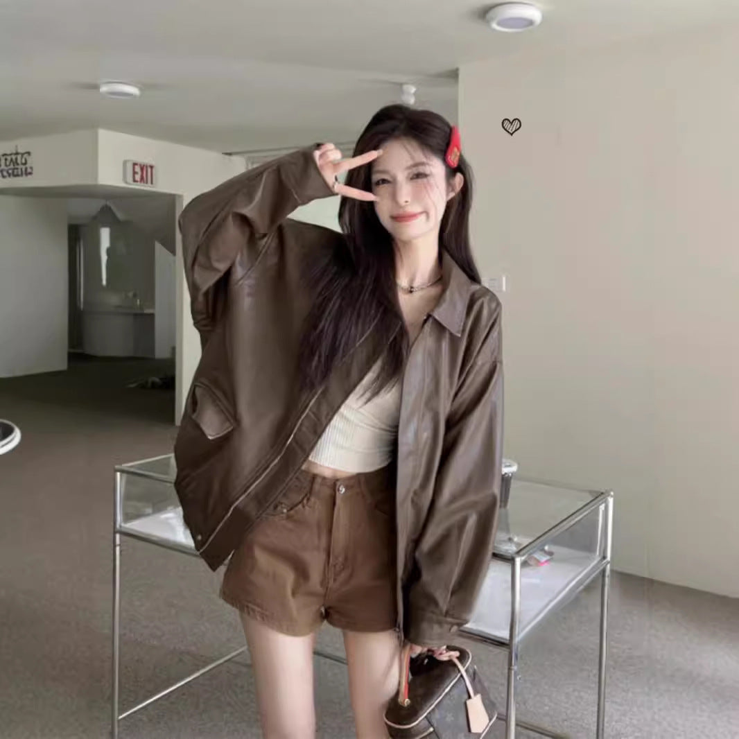 Aiertu dress to impress outfits Retro American-Style Brown Leather Jacket Women's Autumn Black Sweet Cool Motorcycle PU Leather Loose Long-Sleeved Top aiertu
