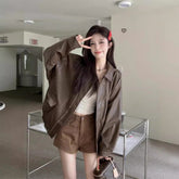 Aiertu dress to impress outfits Retro American-Style Brown Leather Jacket Women's Autumn Black Sweet Cool Motorcycle PU Leather Loose Long-Sleeved Top aiertu