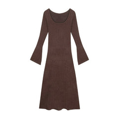 Aiertu fashion outfits Early Autumn Brown Long-Sleeved Knitted Dress Women's Slim-Fit Draping Tight Waist A- line Midi Dress Retro Elegant Skirt aiertu