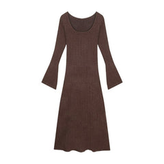 Aiertu fashion outfits Early Autumn Brown Long-Sleeved Knitted Dress Women's Slim-Fit Draping Tight Waist A- line Midi Dress Retro Elegant Skirt aiertu