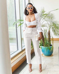 Women Sexy Skinny Trousers Fashion Elegant Solid Color High Waist Button Pants For Ladies Casual Harajuku Pant With Belts Aiertu