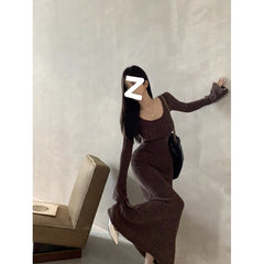 Aiertu fashion outfits Early Autumn Brown Long-Sleeved Knitted Dress Women's Slim-Fit Draping Tight Waist A- line Midi Dress Retro Elegant Skirt aiertu