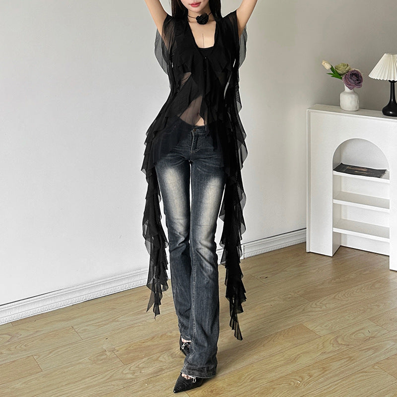 Aiertu concert outfit Style Summer New Women's Sexy Slimming Wavy Mesh Transparent Irregular Vest aiertu