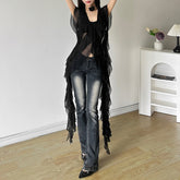 Aiertu concert outfit Style Summer New Women's Sexy Slimming Wavy Mesh Transparent Irregular Vest aiertu