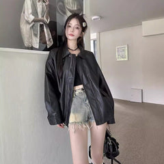 Aiertu dress to impress outfits Retro American-Style Brown Leather Jacket Women's Autumn Black Sweet Cool Motorcycle PU Leather Loose Long-Sleeved Top aiertu
