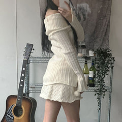 Aiertu simple winter outfits Millennium Hot Girl White Moonlight Split Breasted Flip off-Shoulder Long Sleeve Top Lazy Style Slimming Sweater aiertu