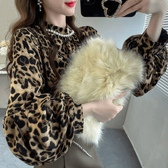 Aiertu business casual outfits Leopard Print Fashion Top Independent Lantern Sleeve Loose Temperament Shirt for Women aiertu