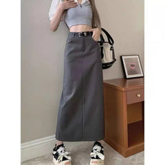 Aiertu business casual outfits Gray A- line Skirt for Women plus Size Chubby Girl High Waist Slimming Mid-Length Suit Skirt for Summer aiertu