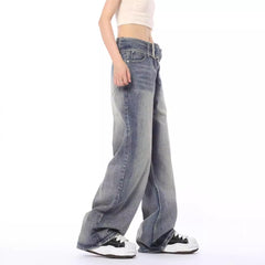 Aiertu y2k outfits Retro Niche Belt Jeans Women's American Retro Loose Fashion Straight Washed Jeans aiertu