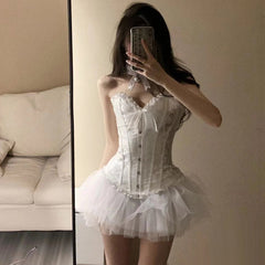 Aiertu dress Sweet Cool Hot Girl Fishbone Floral Camisole Women's Summer Suit Mesh Skirt Fluffy Skirt aiertu