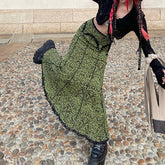 Aiertu fall outfits women Vintage Printed Reverse Lace Irregular Elastic Waist Slim Fishtail Long Skirt aiertu