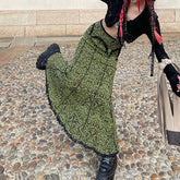 Aiertu fall outfits women Vintage Printed Reverse Lace Irregular Elastic Waist Slim Fishtail Long Skirt aiertu