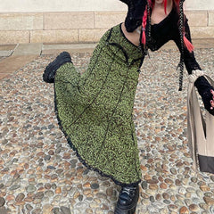 Aiertu fall outfits women Vintage Printed Reverse Lace Irregular Elastic Waist Slim Fishtail Long Skirt aiertu