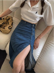 Aiertu guys in skirts Denim Skirt Women's Fashionable Slim-Fit One-Step Hip Skirt Split Mid-Length High Waist plus Size Long Skirt aiertu