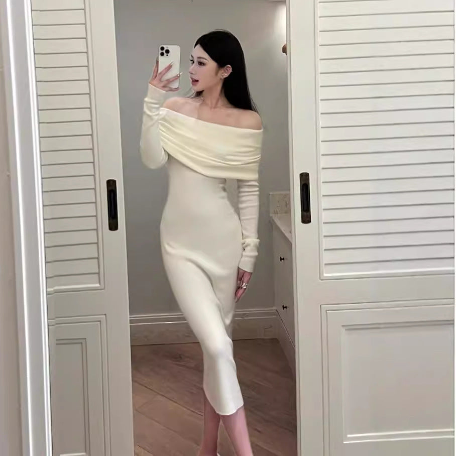 Aiertu long sweater dress outfit Gentle Style White Soft Glutinous off-Shoulder Sweater Dress Autumn and Winter Elegant Slim-Fit off-Shoulder Bottoming Knitted Dress aiertu