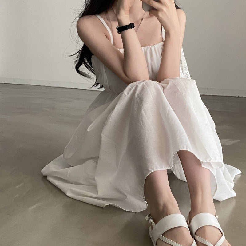 Aiertu church outfit Chic Summer Holiday Style Suspender Skirt Simple Design Pleated Stitching Elastic Waist Solid Color Large Swing Dress aiertu