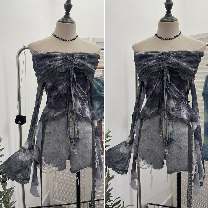 Aiertu trashy outfits Niche Vintage Green off-Shoulder Bell Sleeve Top Blooming Mesh Lace Drawstring Short T-shirt aiertu