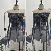Aiertu trashy outfits Niche Vintage Green off-Shoulder Bell Sleeve Top Blooming Mesh Lace Drawstring Short T-shirt aiertu