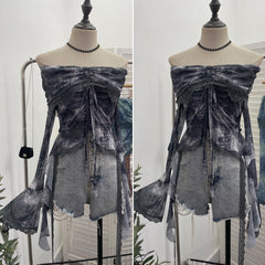 Aiertu trashy outfits Niche Vintage Green off-Shoulder Bell Sleeve Top Blooming Mesh Lace Drawstring Short T-shirt aiertu