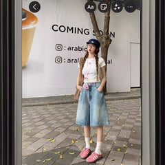 Aiertu fall outfits Summer Washed Blue Light Color Denim Loose Wide Leg Denim Shorts aiertu