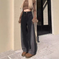 Aiertu joker costume female outfit Black and Gray Straight Jeans for Women plus Size Autumn Loose Contrast Color High Waist Slimming Wide Leg Pants aiertu