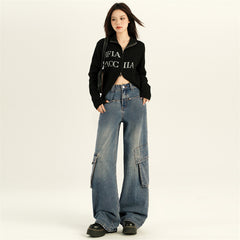 Aiertu fashion outfits American-Style Retro Wide-Leg Workwear Jeans Women's Autumn Slimming Hot Girl Straight Mop Pants aiertu