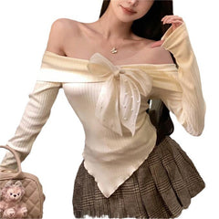 Aiertu outfit Spring off-Shoulder Big Bow off-Shoulder Long Sleeve T-shirt Women's Sweater Top Bottoming Sweater aiertu