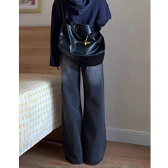 Aiertu business casual outfits Black High Waist Straight Jeans for Women Spring and Autumn Small Pear-Shaped Thick Leg Wide Leg Wide Leg Pants aiertu