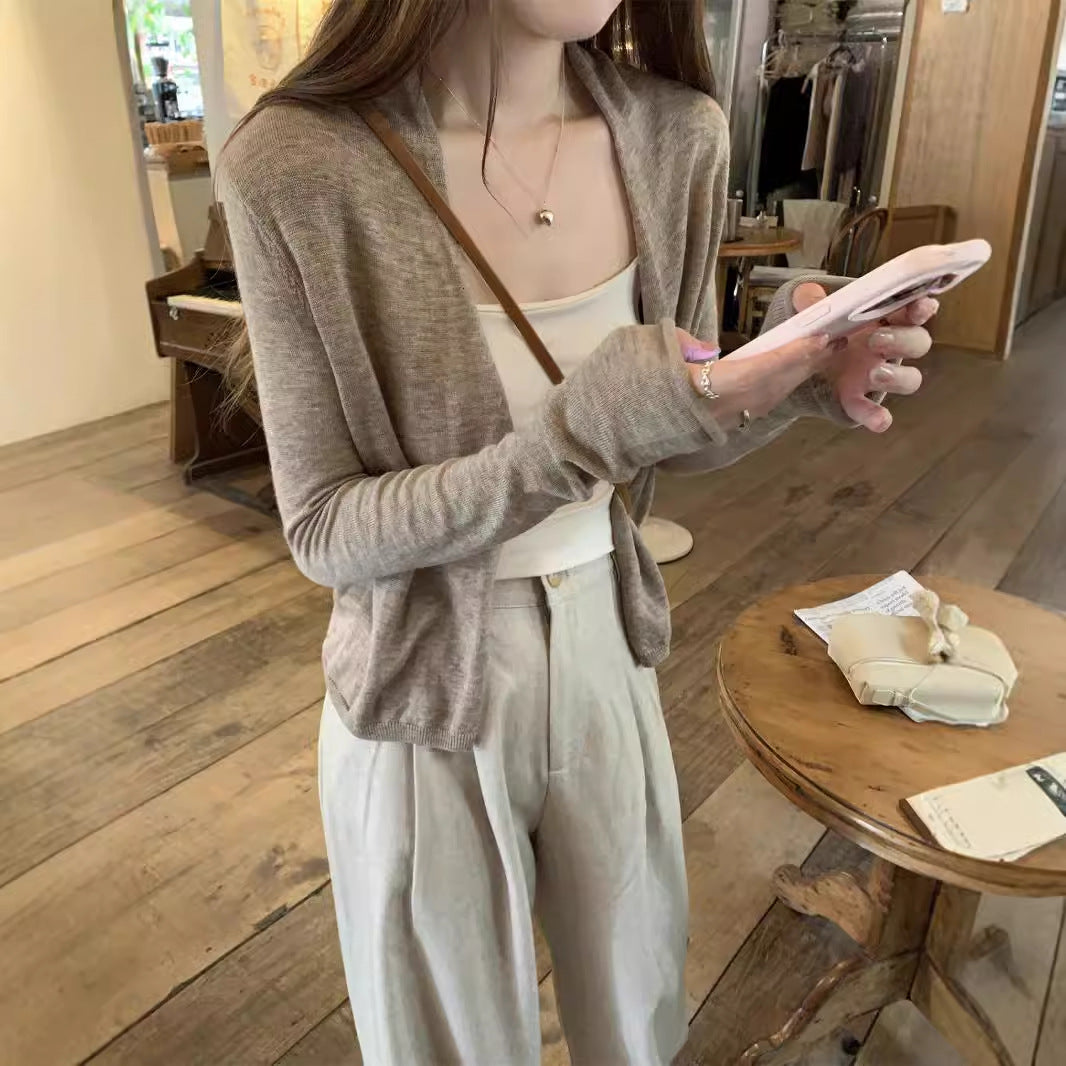 Aiertu outfit fall Early Autumn Lazy Style Design Thin Soft Glutinous Knitted Coat Small Cardigan Simple Niche Curling Short Top aiertu