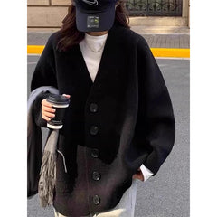 Aiertu datenight fall outfits Black V-neck Knitted Cardigan for Women Autumn and Winter Outer Wear Fashionable Western Style Top Loose Lazy Style Mid-Length Women aiertu