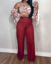 Aiertu style Women's Suit Autumn off-the-Shoulder Solid Color Trousers Two-Piece Set aiertu