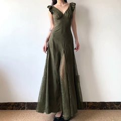 Aiertu prom dresses Retro Lace Stitching V-neck Chest Pleated Small Flying Sleeve Dress Women's Waist-Tight Temperament Royal Sister Dress aiertu