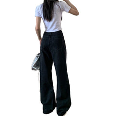 Aiertu joker costume female outfit Black Wide-Leg Jeans Women's Spring and Autumn High Waist Loose Straight Pear-Shaped Cross-Covering Slimming Draping Mop Pants aiertu