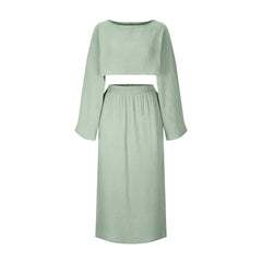 Aiertu outfit ideas Summer New Cotton and Linen round Neck Top + Split Skirt aiertu