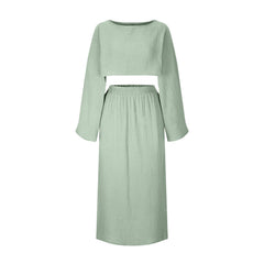 Aiertu outfit ideas Summer New Cotton and Linen round Neck Top + Split Skirt aiertu